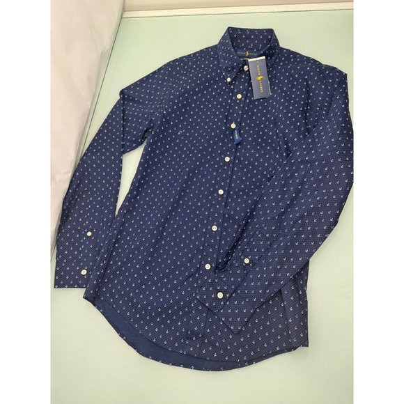 Polo Ralph Lauren Slim Fit Stretch Cotton Anchor Print Navy Button Up Small S